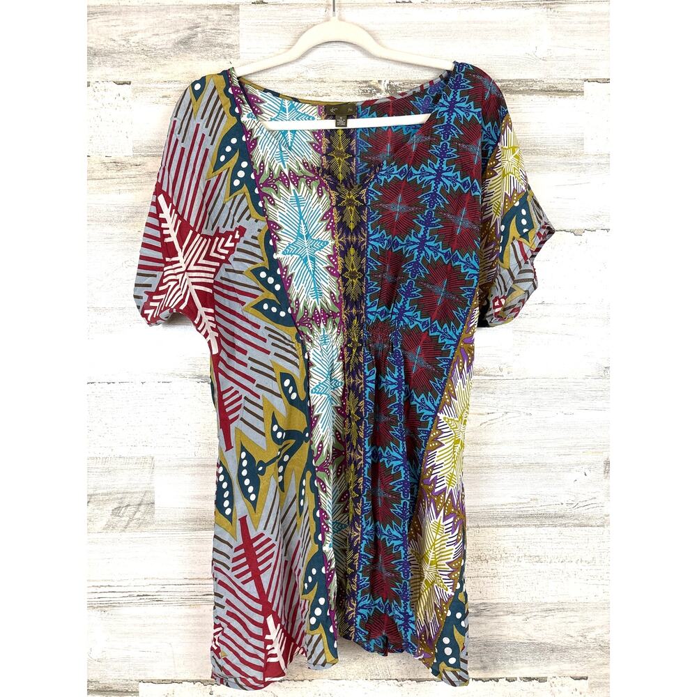 Anthropologie Fei Womens M Multi Patchwork Silk Tunic Blouse Boho